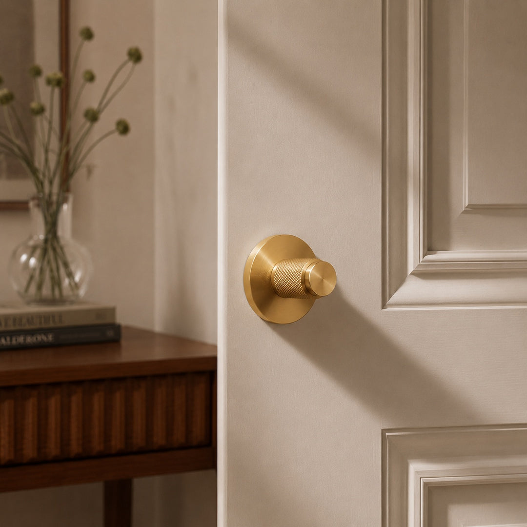 Modern Brass Door Handle Set with Knurled Grip and Circular Base for Internal Doors