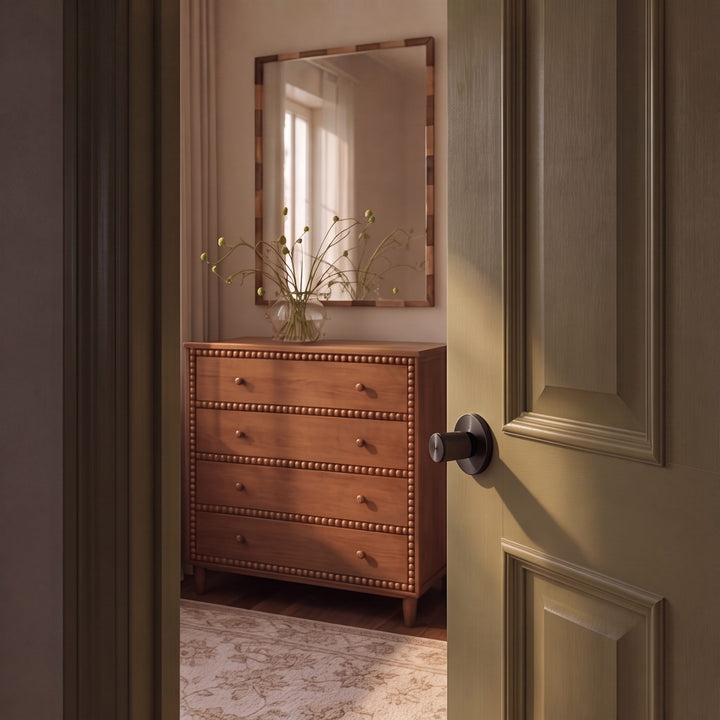 Modern Brass Door Handle Set with Knurled Grip and Circular Base for Internal Doors