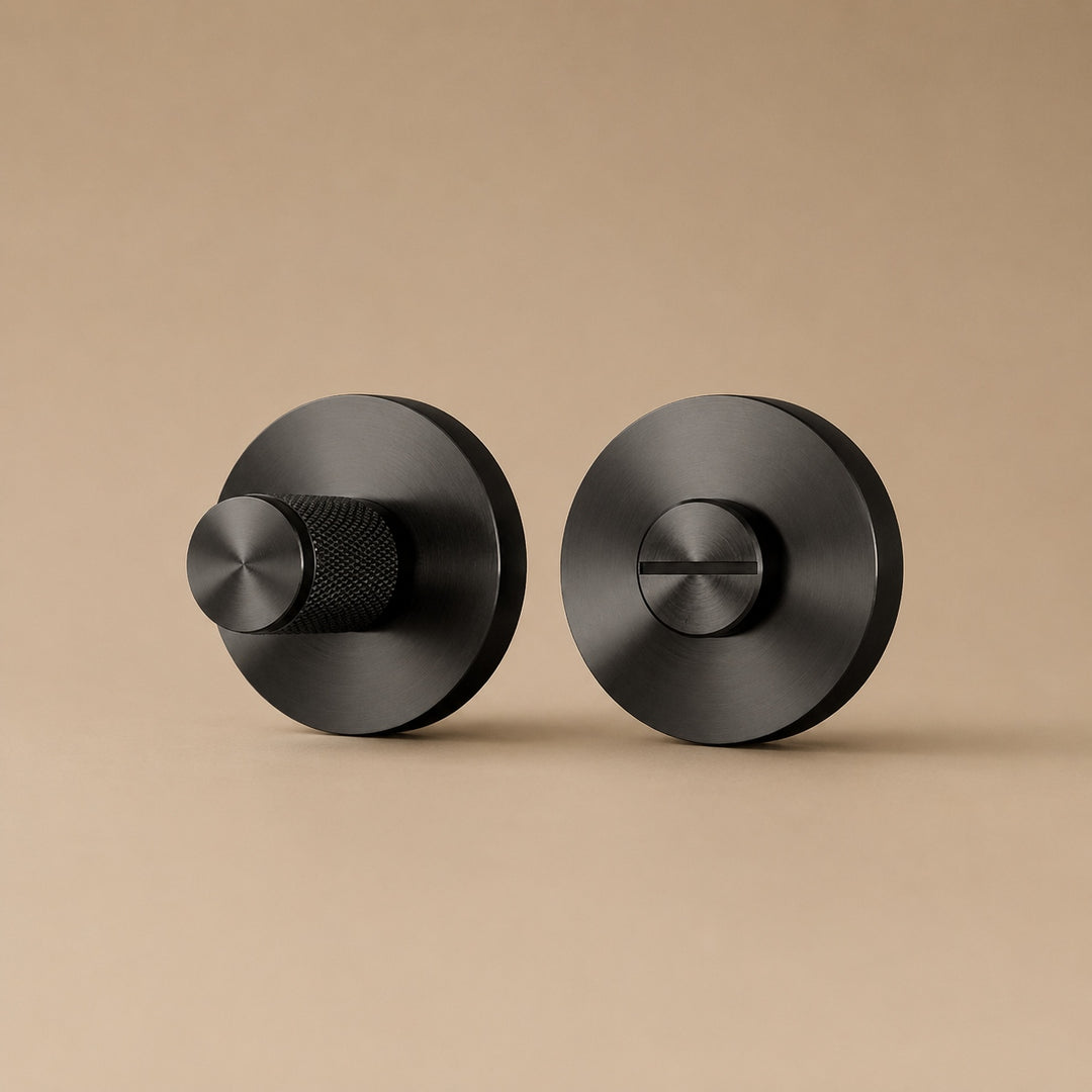 Modern Brass Door Handle Set with Knurled Grip and Circular Base for Internal Doors