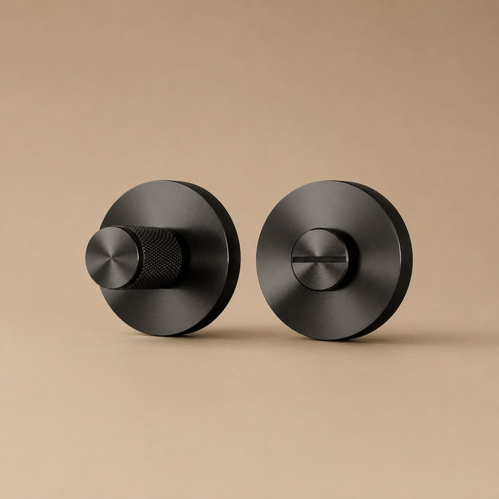 Modern Brass Door Handle Set with Knurled Grip and Circular Base for Internal Doors
