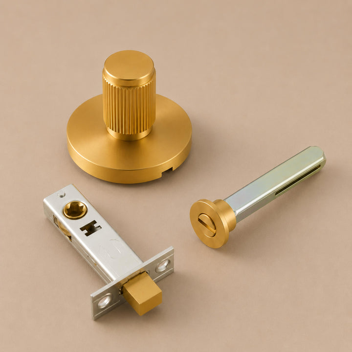Modern Brass Door Handle Set with Knurled Grip and Emergency Access Lock for Internal Doors