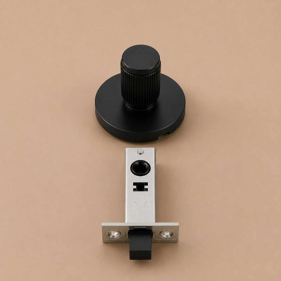 Modern Brass Door Handle Set with Knurled Grip and Emergency Access Lock for Internal Doors