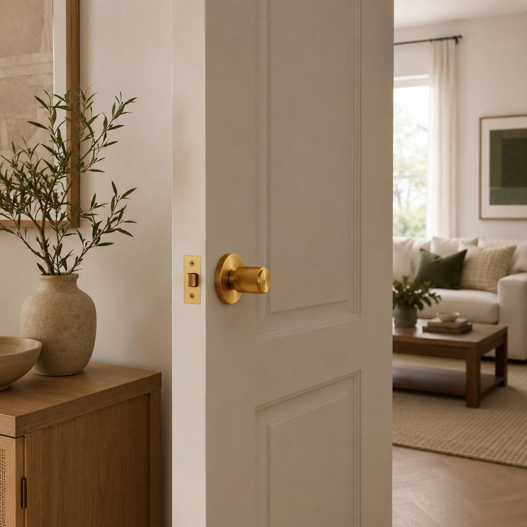 Modern Brass Door Handle Set with Knurled Grip and Emergency Access Lock for Internal Doors