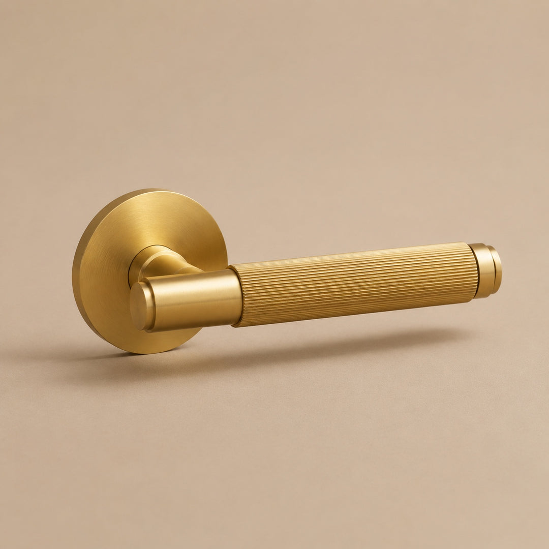 Modern Brass Door Handle Set with Knurled Grip and Emergency Access Lock for Internal Doors