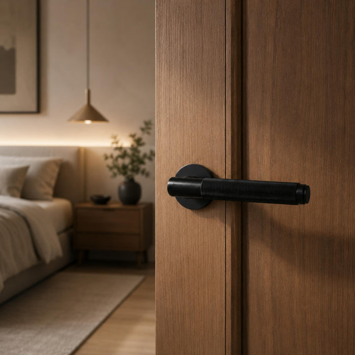 Modern Brass Door Handle Set with Knurled Grip and Emergency Access Lock for Internal Doors