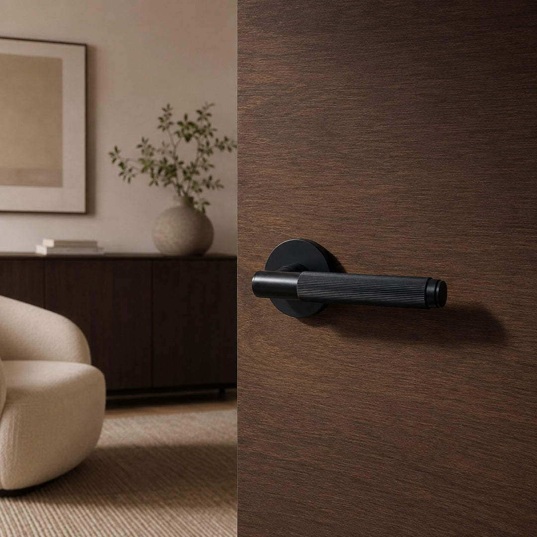 Modern Brass Door Handle Set with Knurled Grip and Emergency Access Lock for Internal Doors