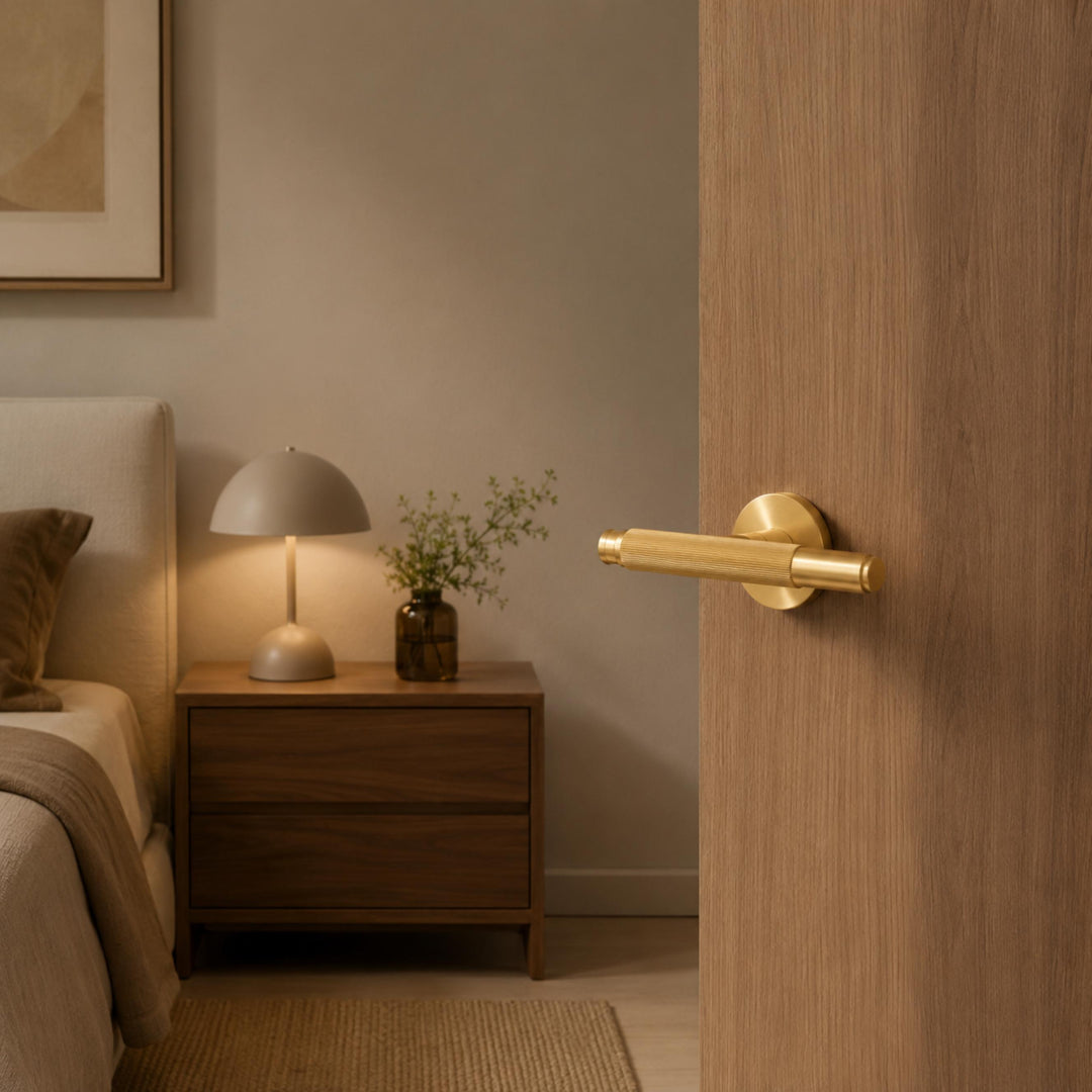 Modern Brass Door Handle Set with Knurled Grip and Emergency Access Lock for Internal Doors