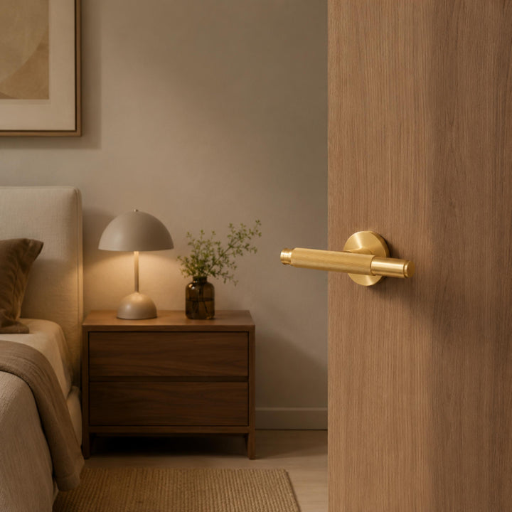 Modern Brass Door Handle Set with Knurled Grip and Emergency Access Lock for Internal Doors