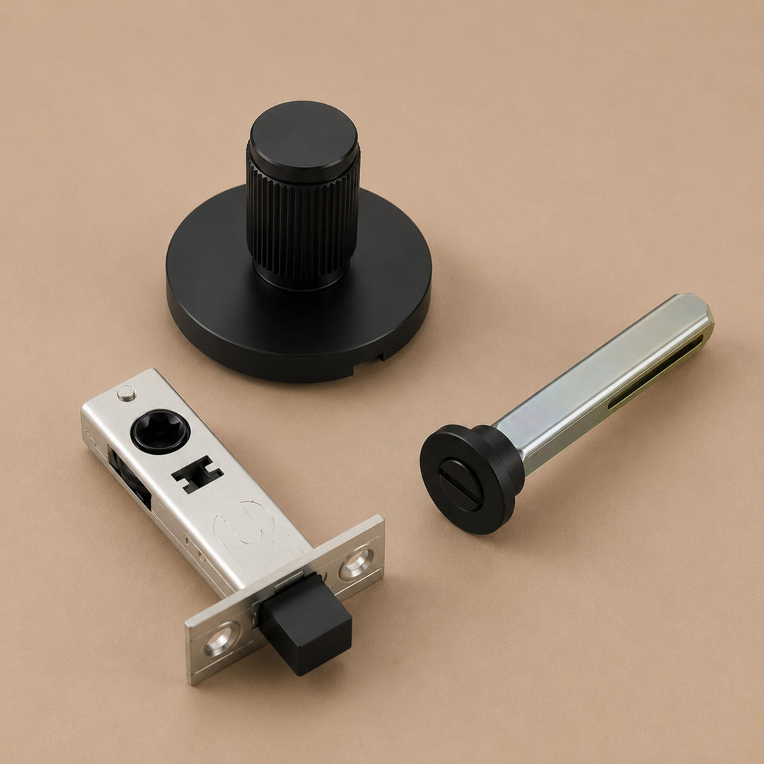 Modern Brass Door Handle Set with Knurled Grip and Emergency Access Lock for Internal Doors