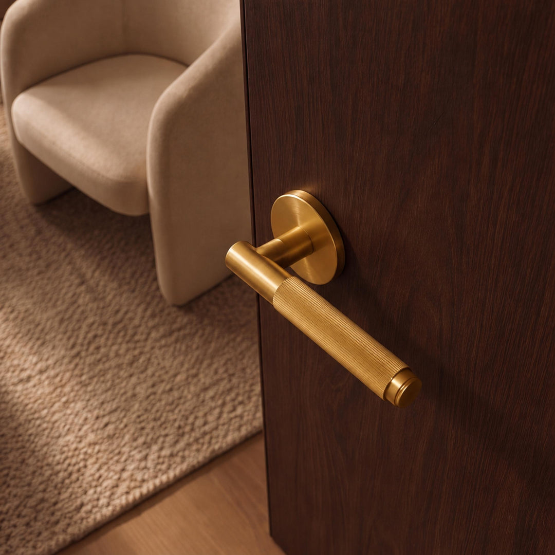 Modern Brass Door Handle Set with Knurled Grip and Emergency Access Lock for Internal Doors