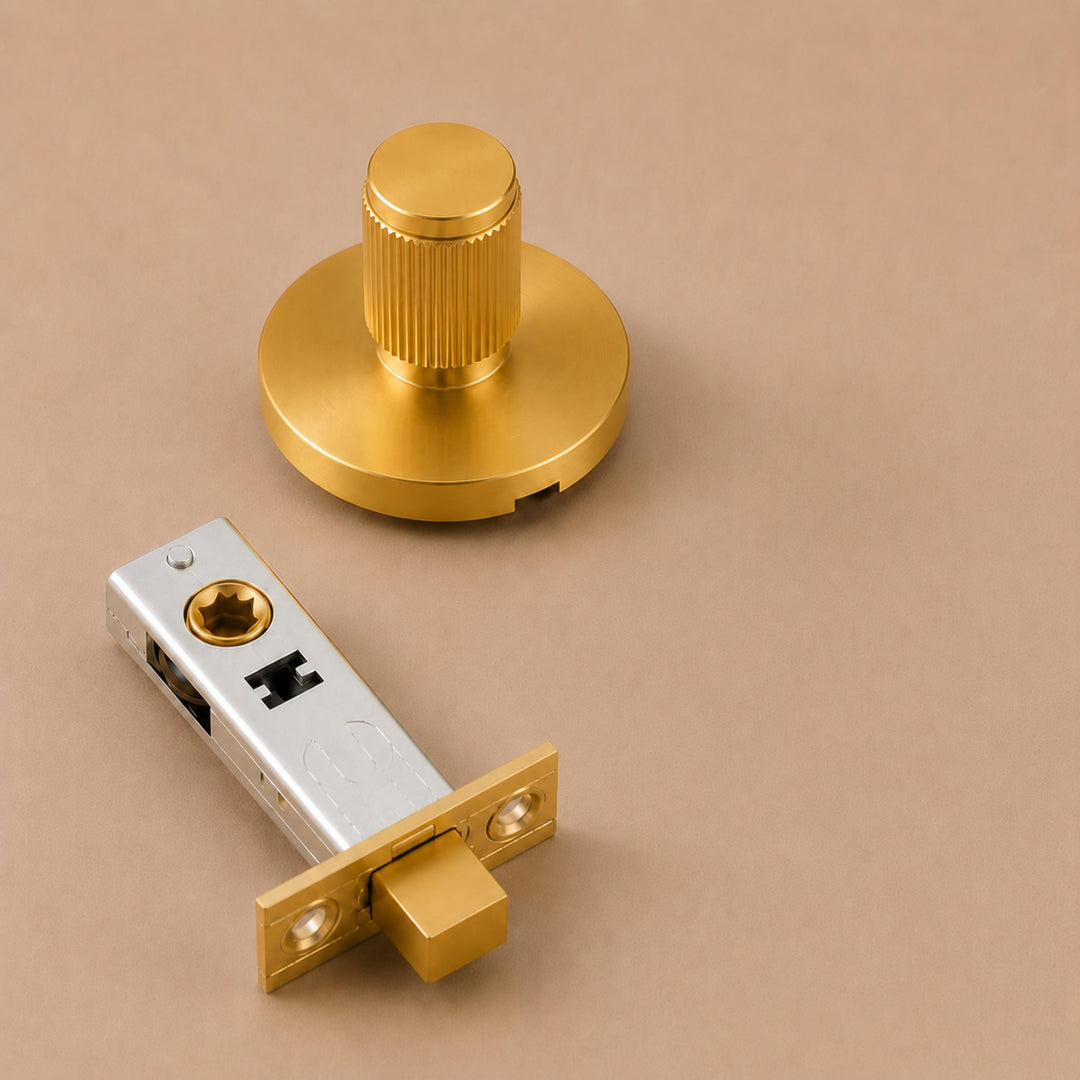 Modern Brass Door Handle Set with Knurled Grip and Emergency Access Lock for Internal Doors