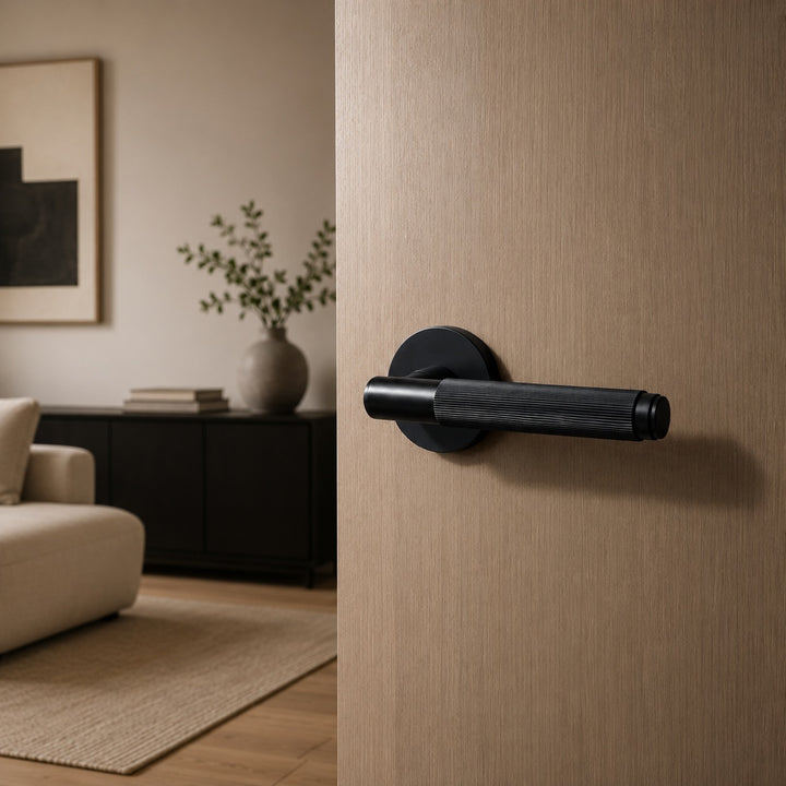 Modern Brass Door Handle Set with Knurled Grip and Emergency Access Lock for Internal Doors