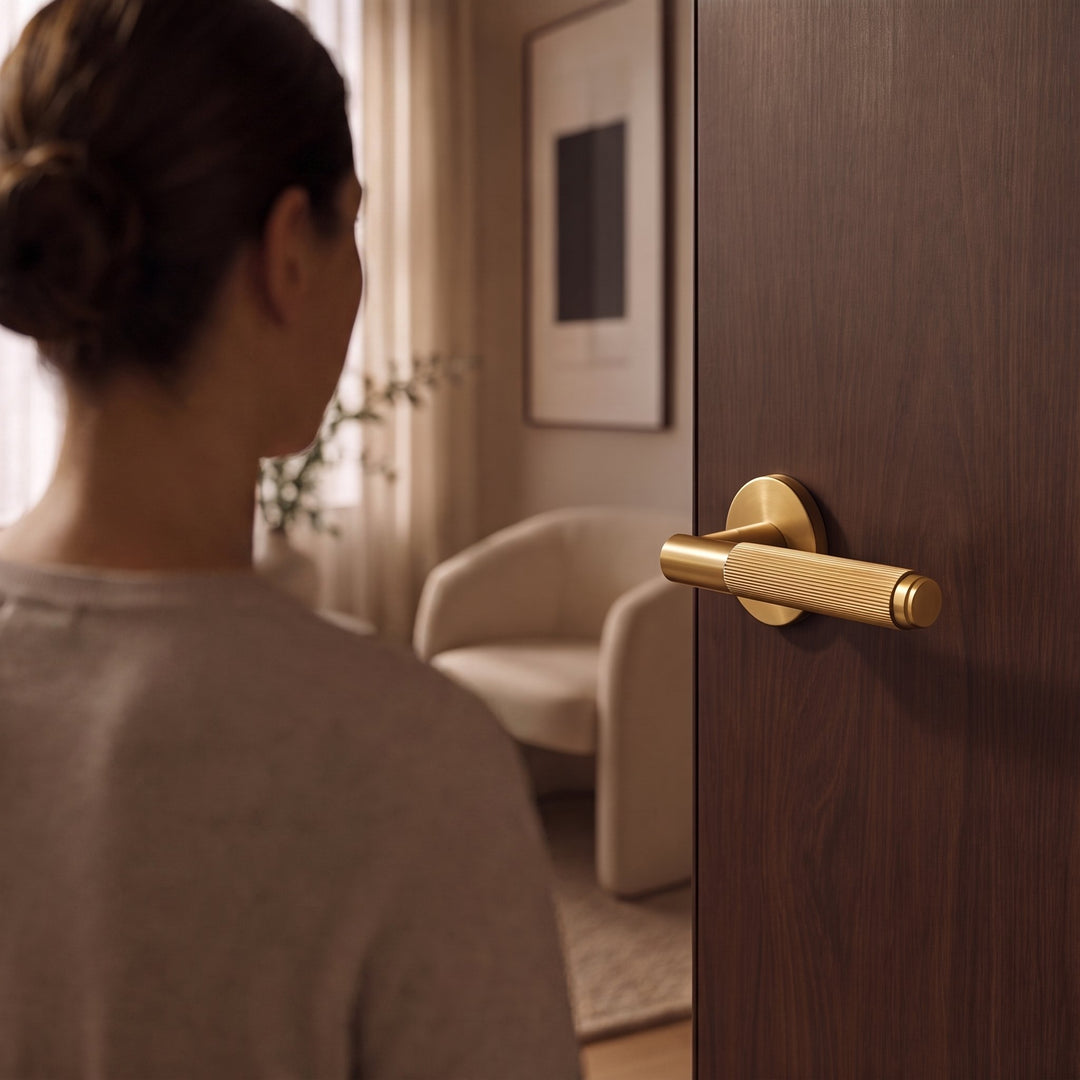 Modern Brass Door Handle Set with Knurled Grip and Emergency Access Lock for Internal Doors