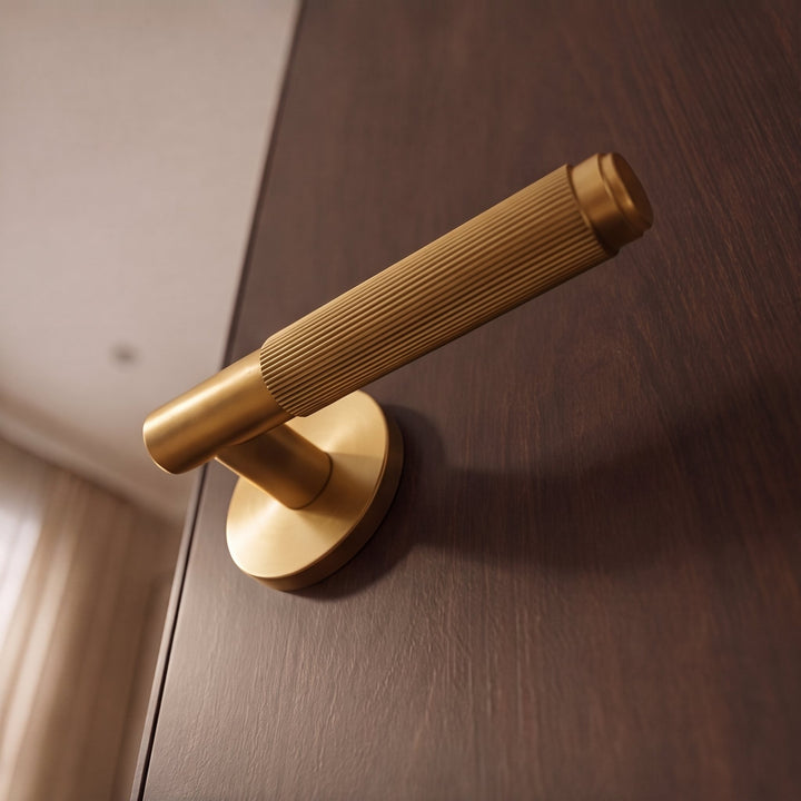 Modern Brass Door Handle Set with Knurled Grip and Emergency Access Lock for Internal Doors
