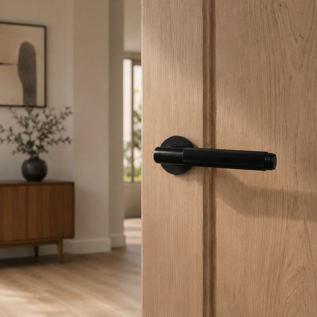 Modern Brass Door Handle Set with Knurled Grip and Emergency Access Lock for Internal Doors