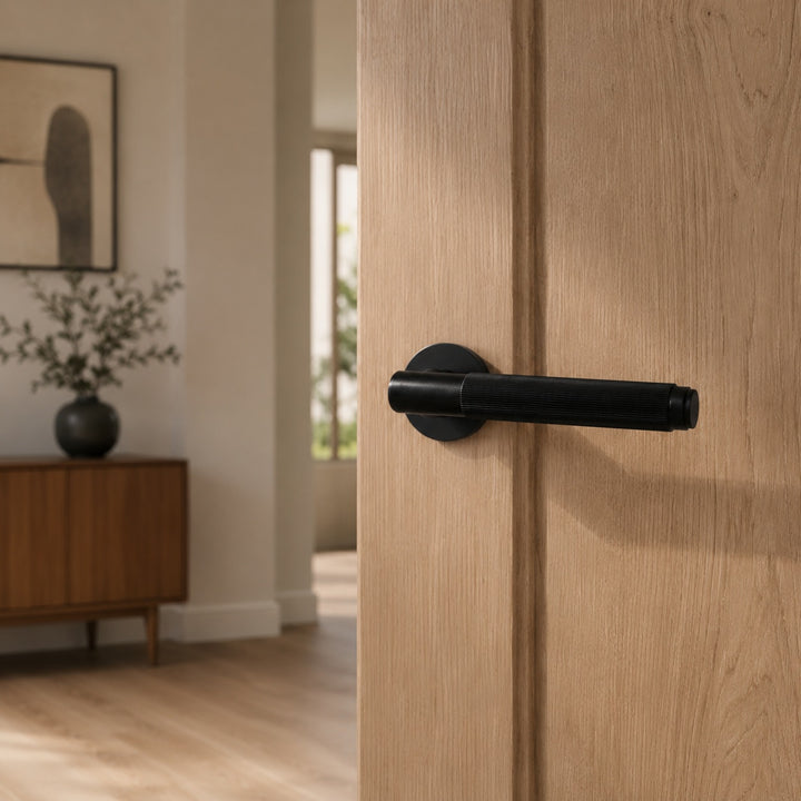 Modern Brass Door Handle Set with Knurled Grip and Emergency Access Lock for Internal Doors