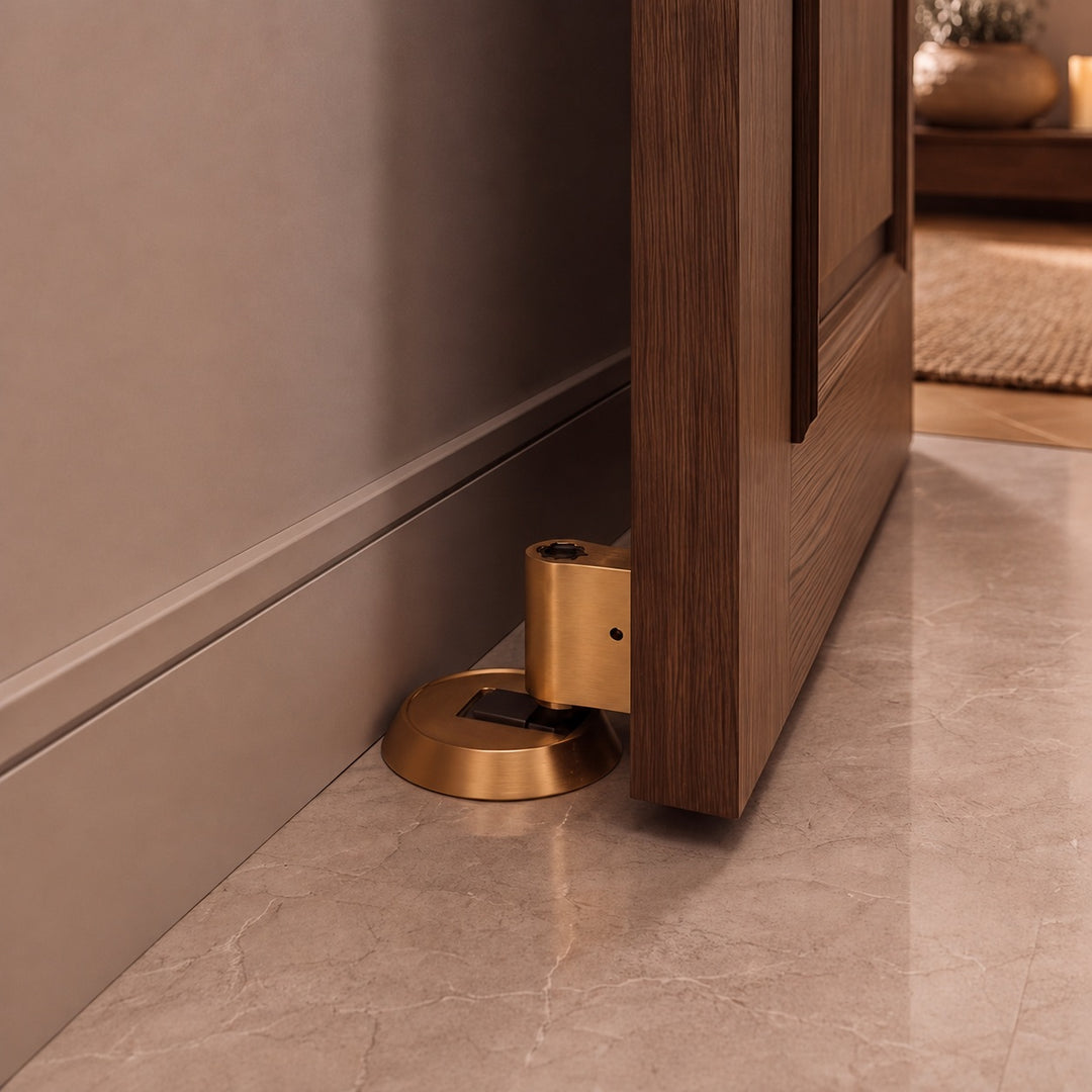 Modern Brass Door Stop with Cylindrical Design and Soft-Touch Mechanism for Floor Protection