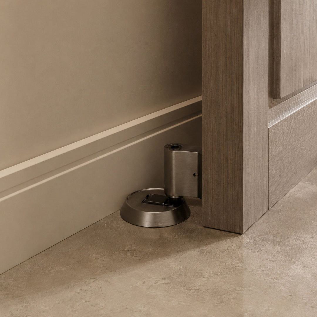 Modern Brass Door Stop with Cylindrical Design and Soft-Touch Mechanism for Floor Protection