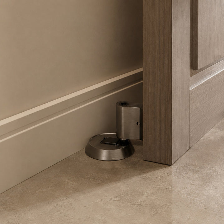 Modern Brass Door Stop with Cylindrical Design and Soft-Touch Mechanism for Floor Protection