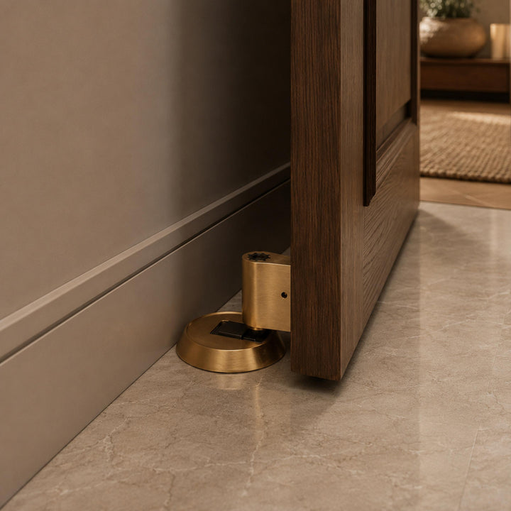 Modern Brass Door Stop with Cylindrical Design and Soft-Touch Mechanism for Floor Protection
