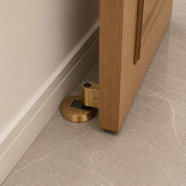 Modern Brass Door Stop with Cylindrical Design and Soft-Touch Mechanism for Floor Protection
