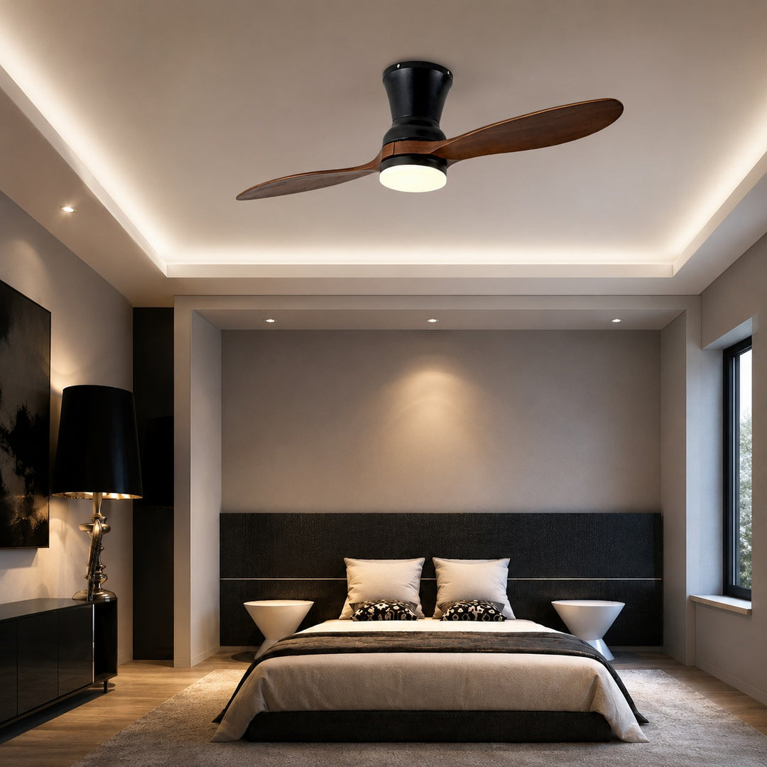 Modern Ceiling Fan with Dimmable LED Light Walnut Wood Blades Remote Control 18W
