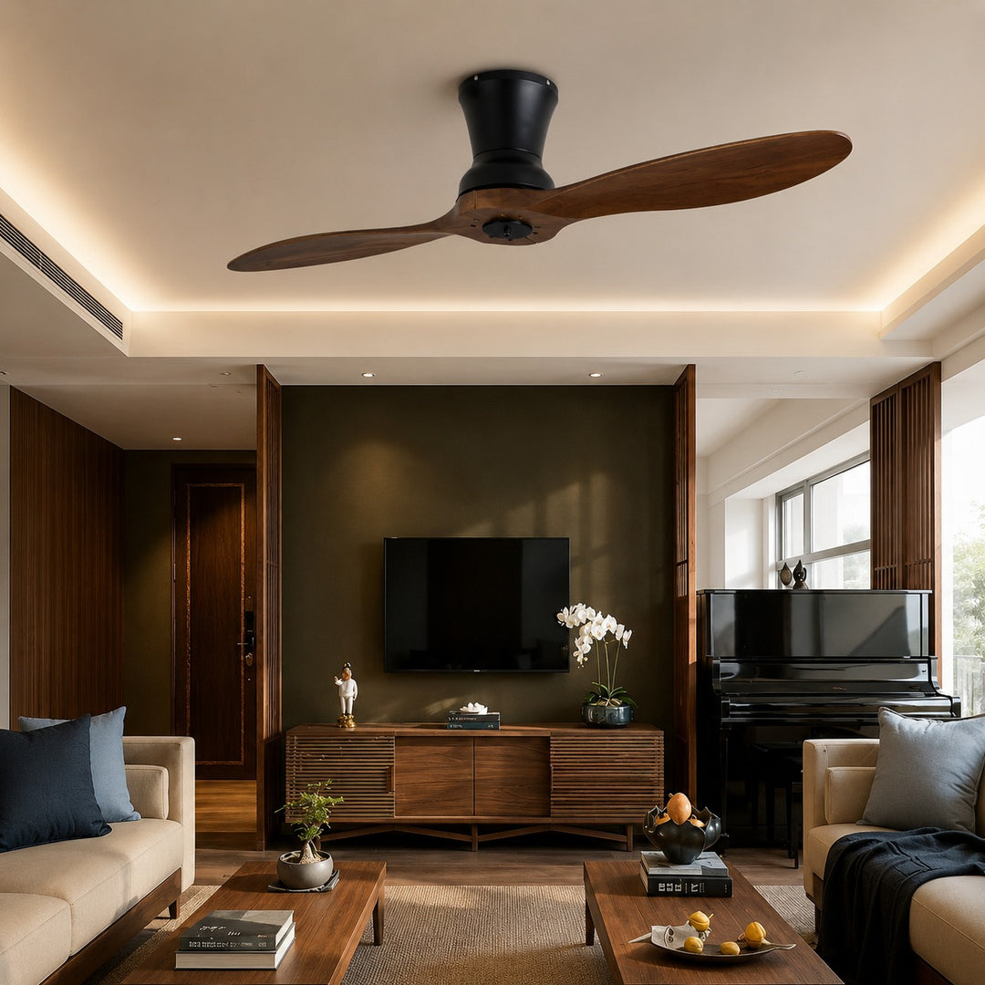 Modern Ceiling Fan with Dimmable LED Light Walnut Wood Blades Remote Control 18W
