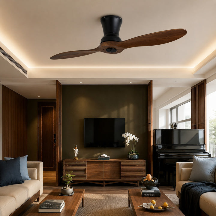 Modern Ceiling Fan with Dimmable LED Light Walnut Wood Blades Remote Control 18W