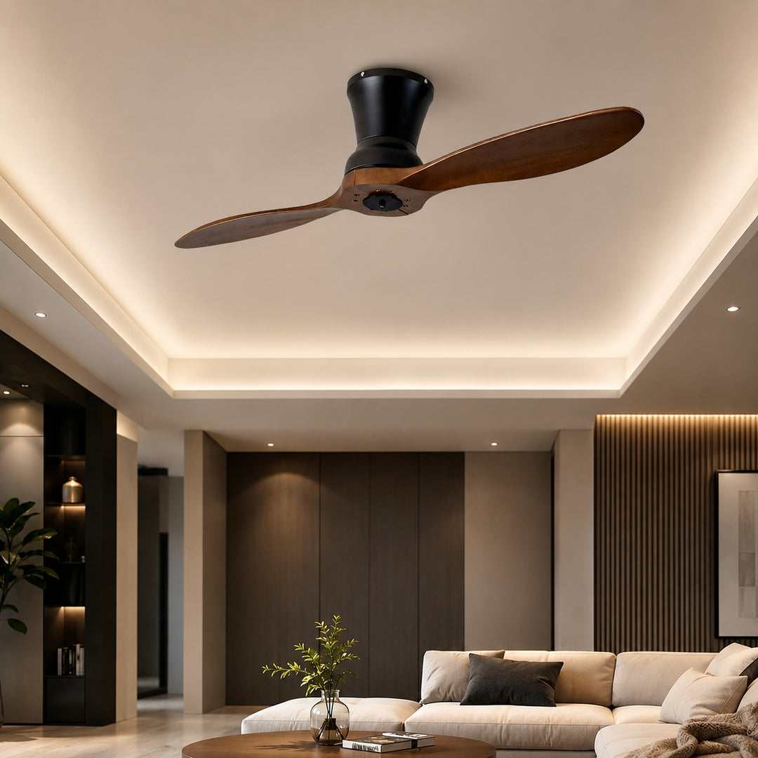 Modern Ceiling Fan with Dimmable LED Light Walnut Wood Blades Remote Control 18W