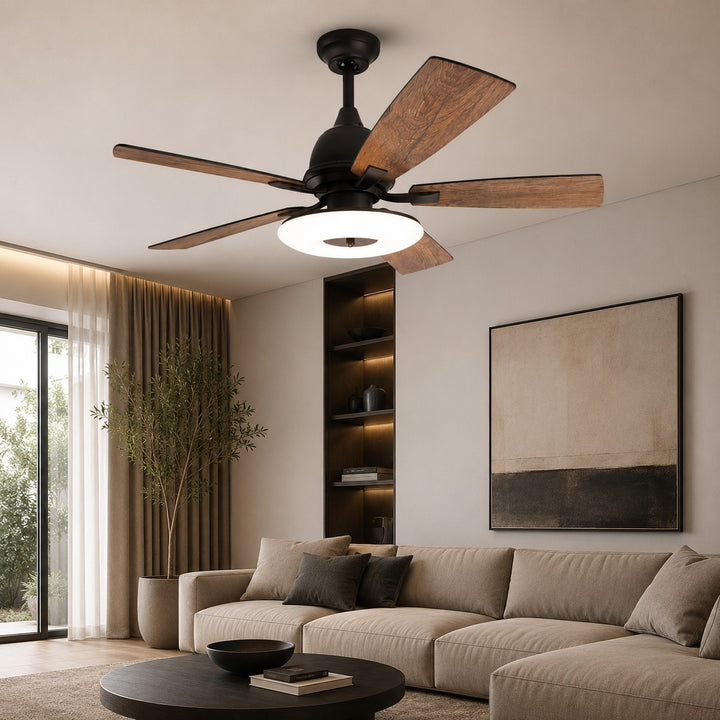 Modern Ceiling Fan with Lights 52 Inch Flush Mount Plywood Blades LED Dimmable Light