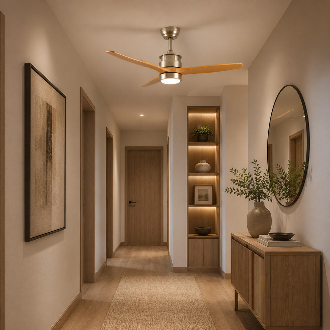 Modern Ceiling Fan with Lights Flush Mount Iron Glass Wood Blades LED Adjustable Speed