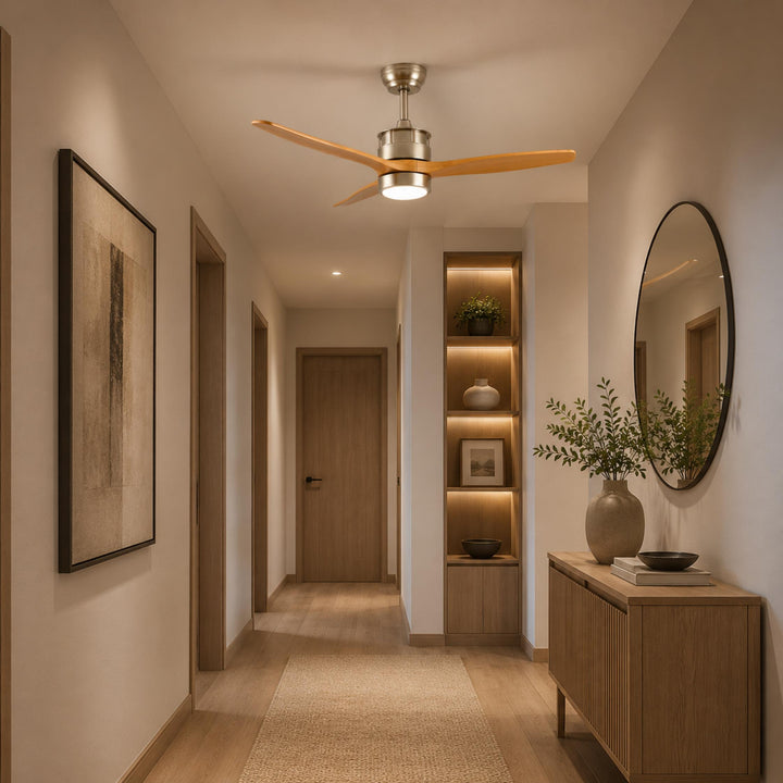 Modern Ceiling Fan with Lights Flush Mount Iron Glass Wood Blades LED Adjustable Speed