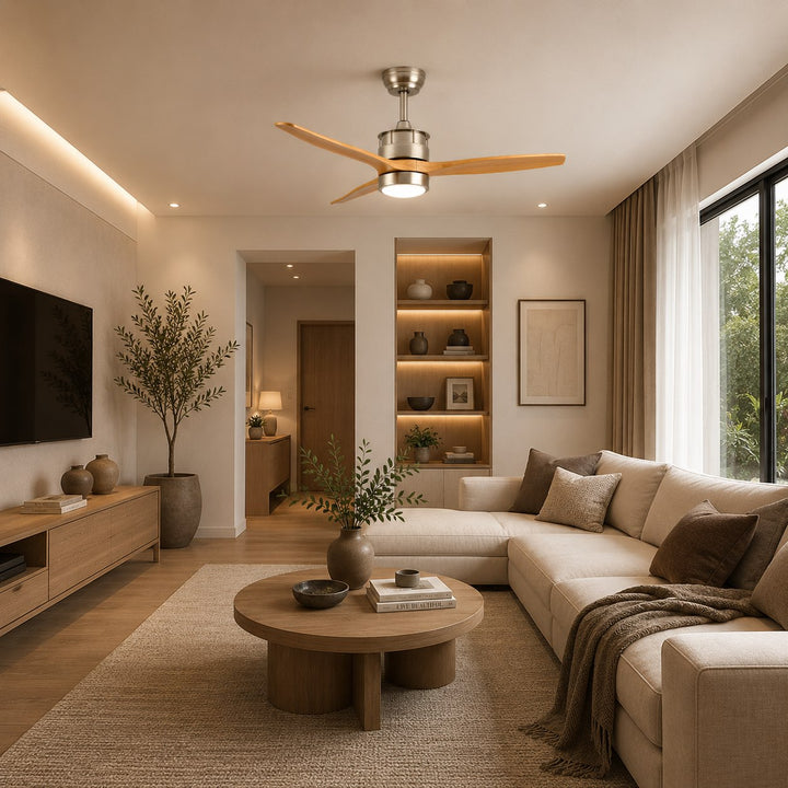 Modern Ceiling Fan with Lights Flush Mount Iron Glass Wood Blades LED Adjustable Speed