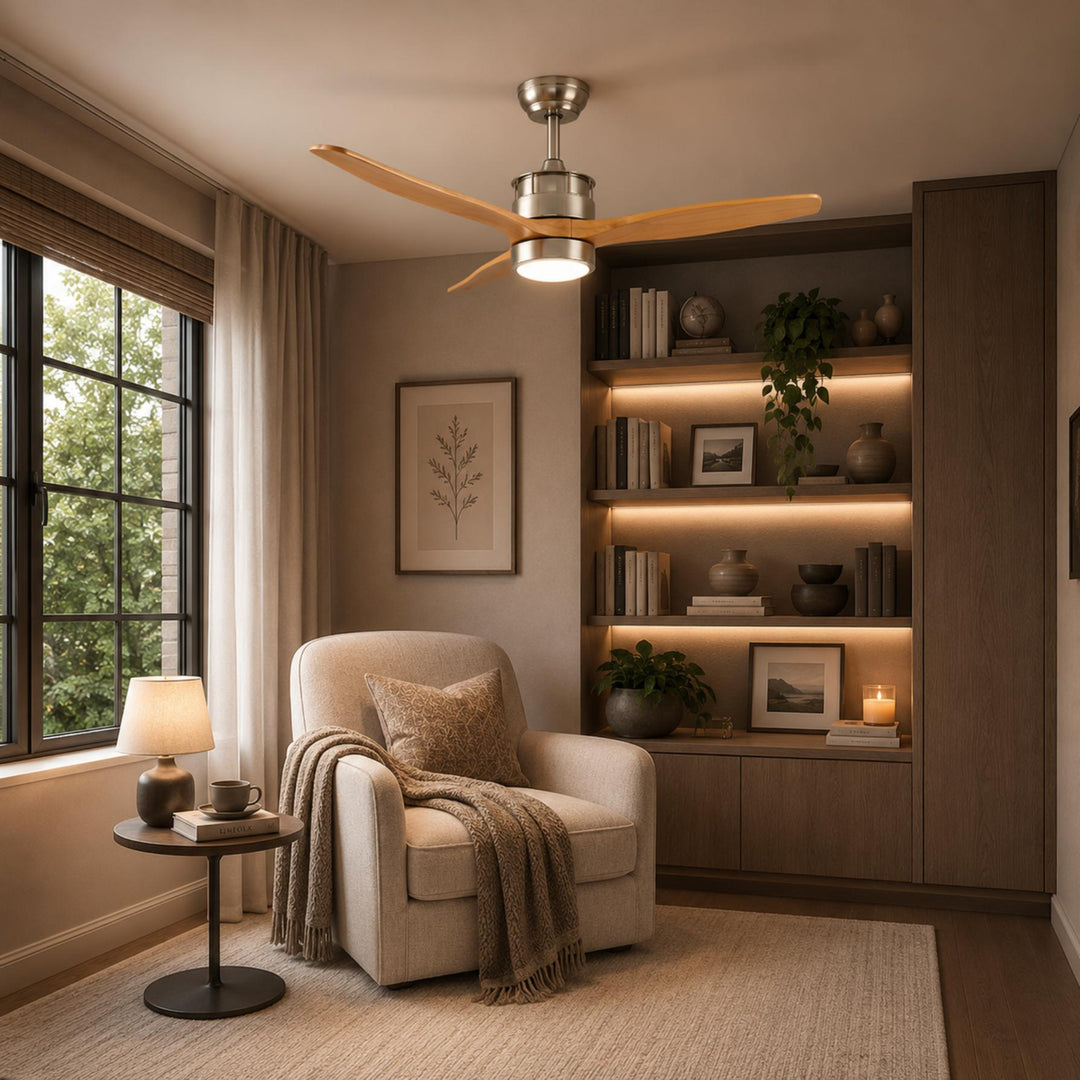 Modern Ceiling Fan with Lights Flush Mount Iron Glass Wood Blades LED Adjustable Speed