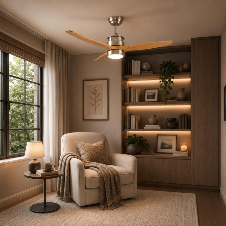 Modern Ceiling Fan with Lights Flush Mount Iron Glass Wood Blades LED Adjustable Speed