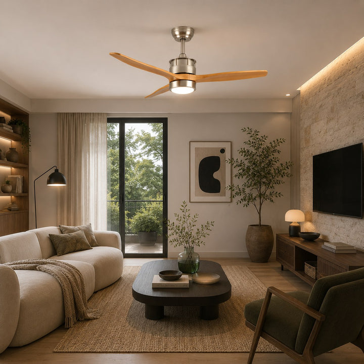 Modern Ceiling Fan with Lights Flush Mount Iron Glass Wood Blades LED Adjustable Speed