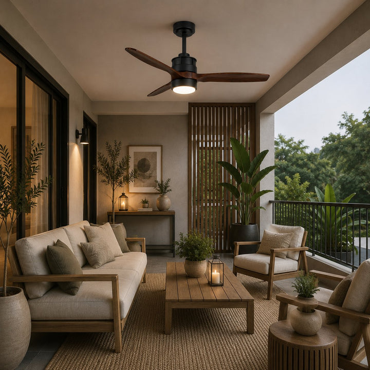 Modern Ceiling Fan with Lights Flush Mount Iron Glass Wood Blades LED Adjustable Speed