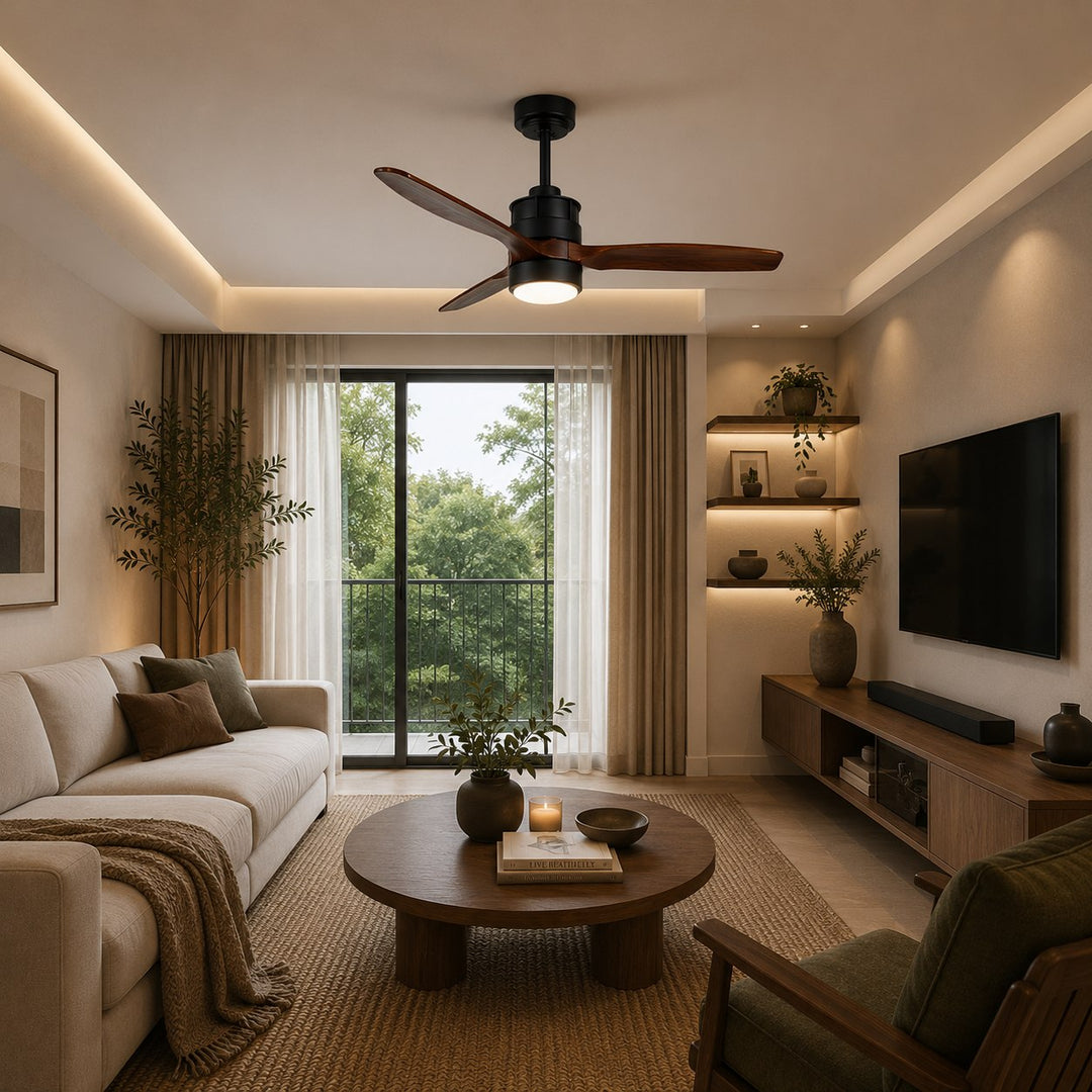 Modern Ceiling Fan with Lights Flush Mount Iron Glass Wood Blades LED Adjustable Speed