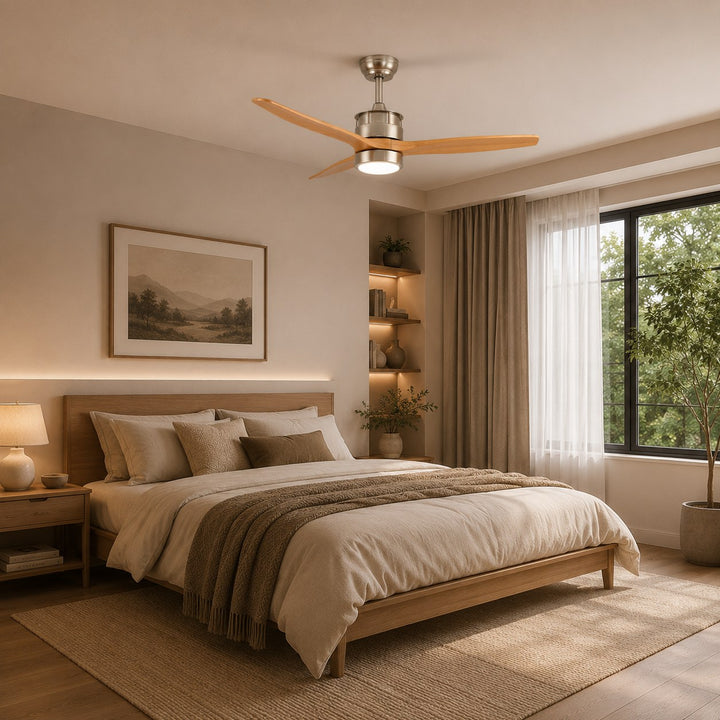 Modern Ceiling Fan with Lights Flush Mount Iron Glass Wood Blades LED Adjustable Speed