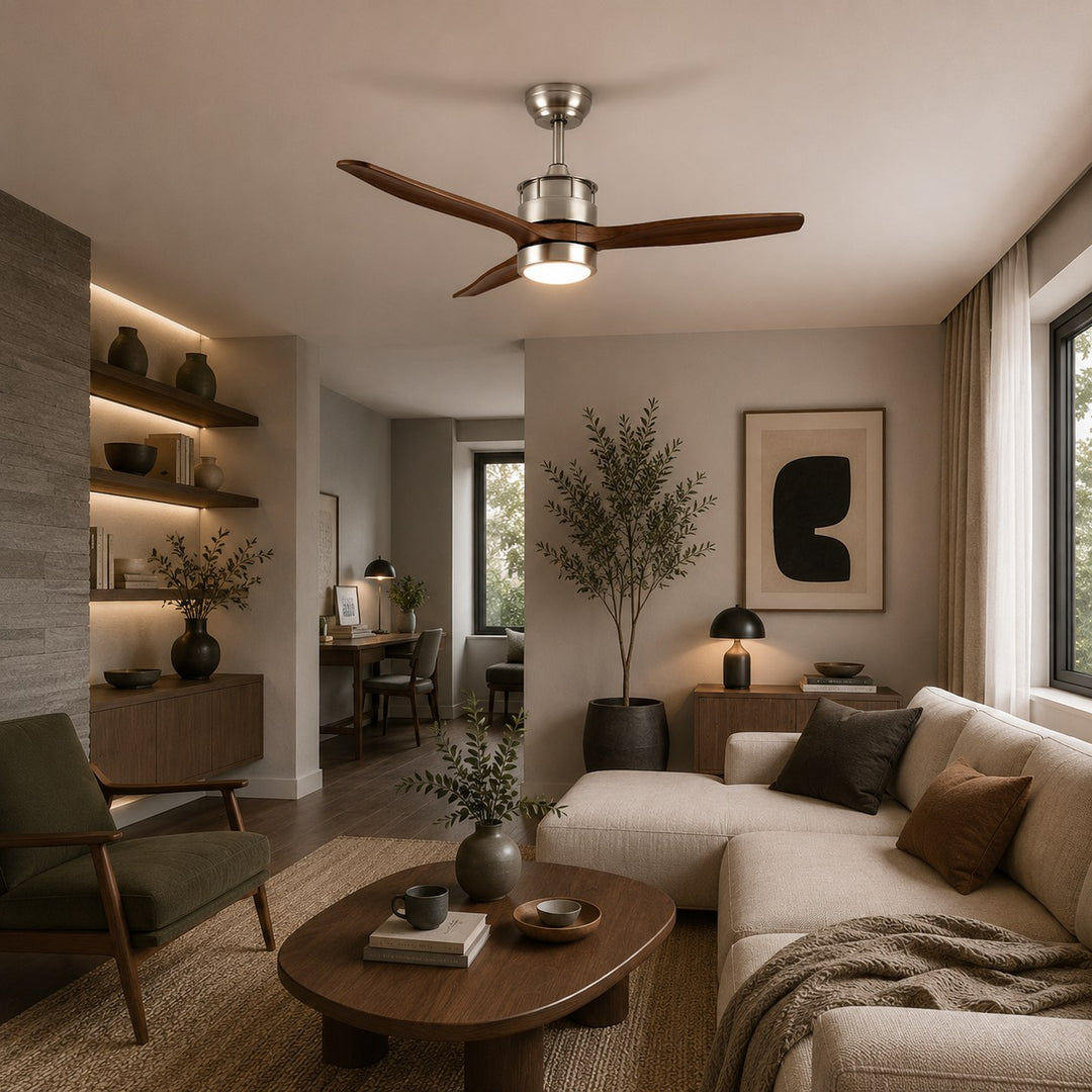 Modern Ceiling Fan with Lights Flush Mount Iron Glass Wood Blades LED Adjustable Speed