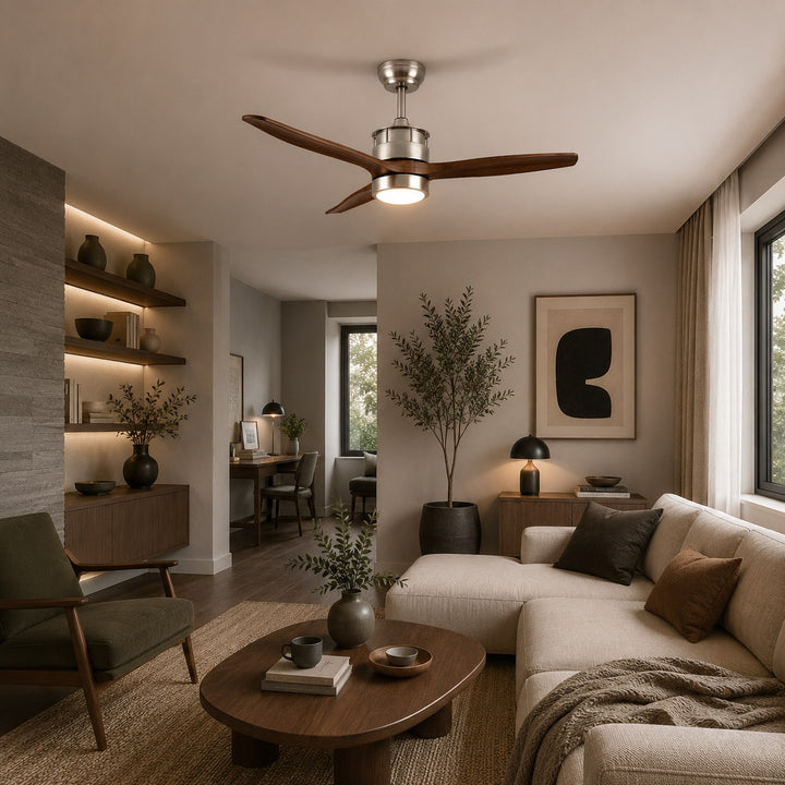 Modern Ceiling Fan with Lights Flush Mount Iron Glass Wood Blades LED Adjustable Speed