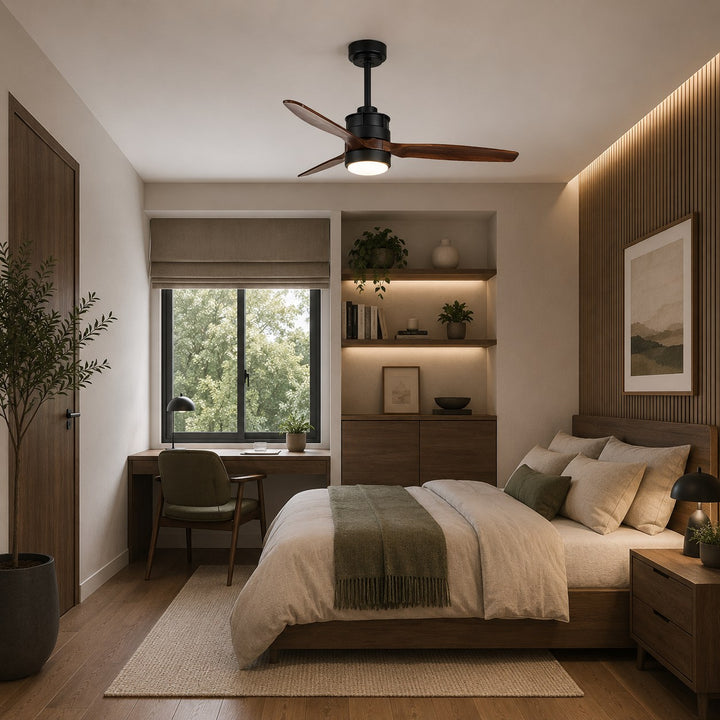Modern Ceiling Fan with Lights Flush Mount Iron Glass Wood Blades LED Adjustable Speed