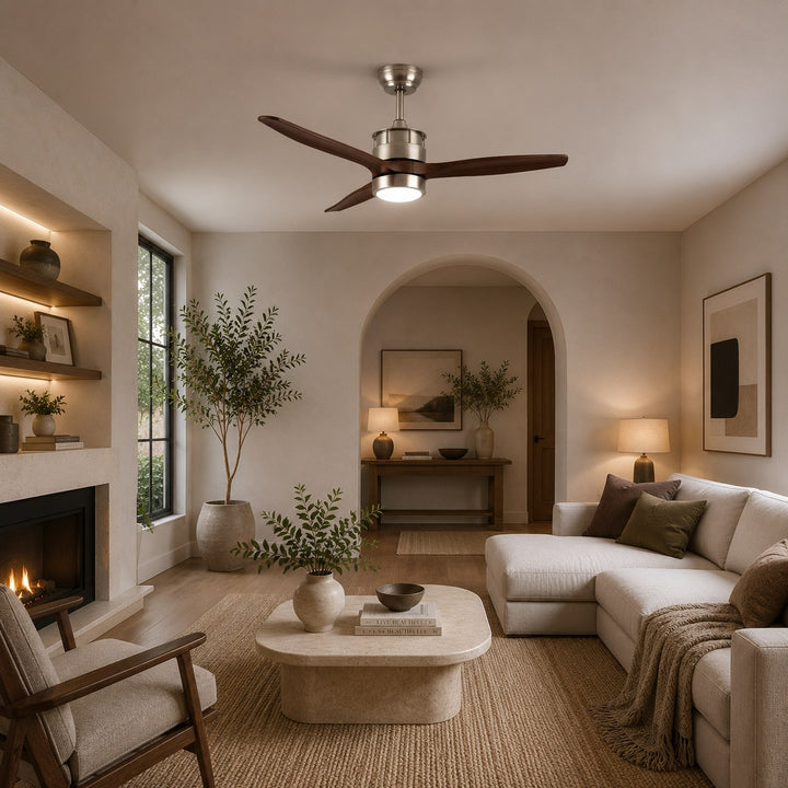 Modern Ceiling Fan with Lights Flush Mount Iron Glass Wood Blades LED Adjustable Speed