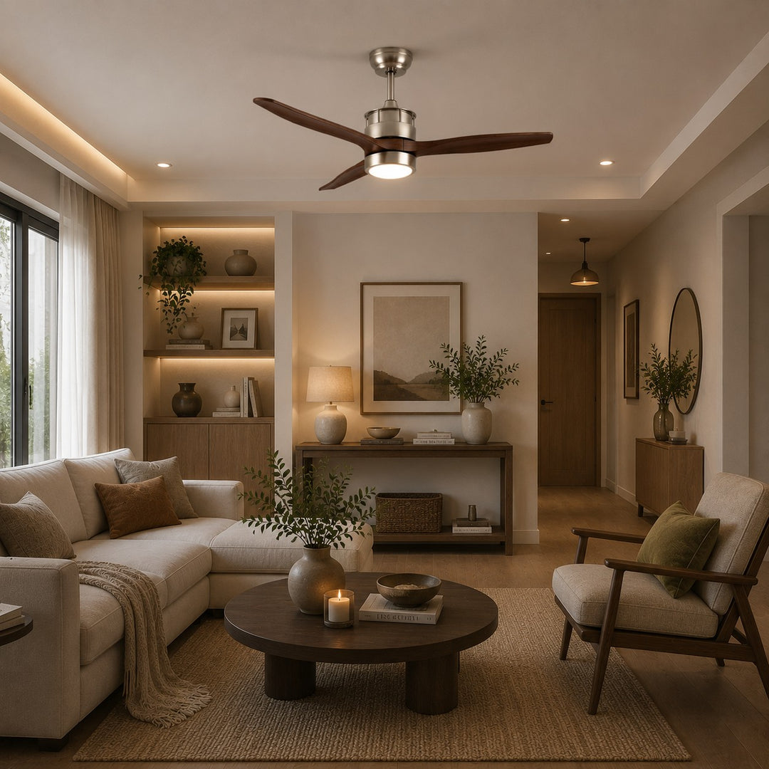 Modern Ceiling Fan with Lights Flush Mount Iron Glass Wood Blades LED Adjustable Speed