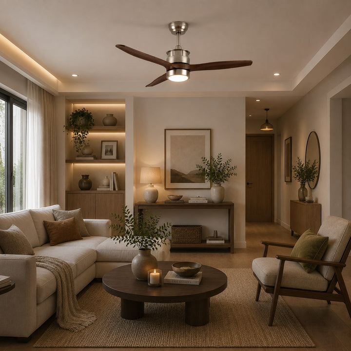 Modern Ceiling Fan with Lights Flush Mount Iron Glass Wood Blades LED Adjustable Speed