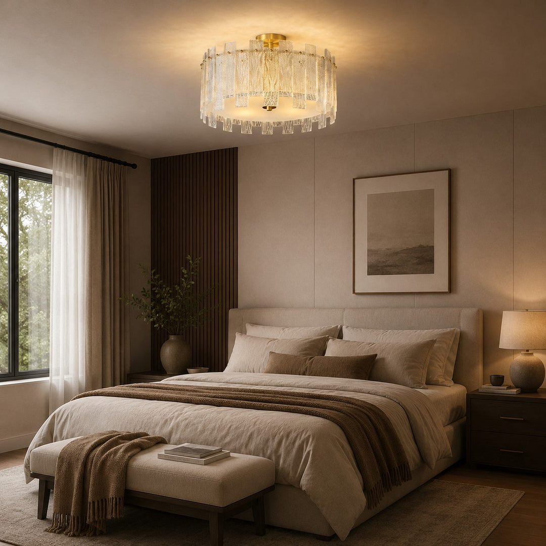 Modern Ceiling Light Flush Mount Textured Glass Copper Frame Warm Ambient Illumination