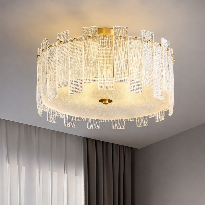 Modern Ceiling Light Flush Mount Textured Glass Copper Frame Warm Ambient Illumination