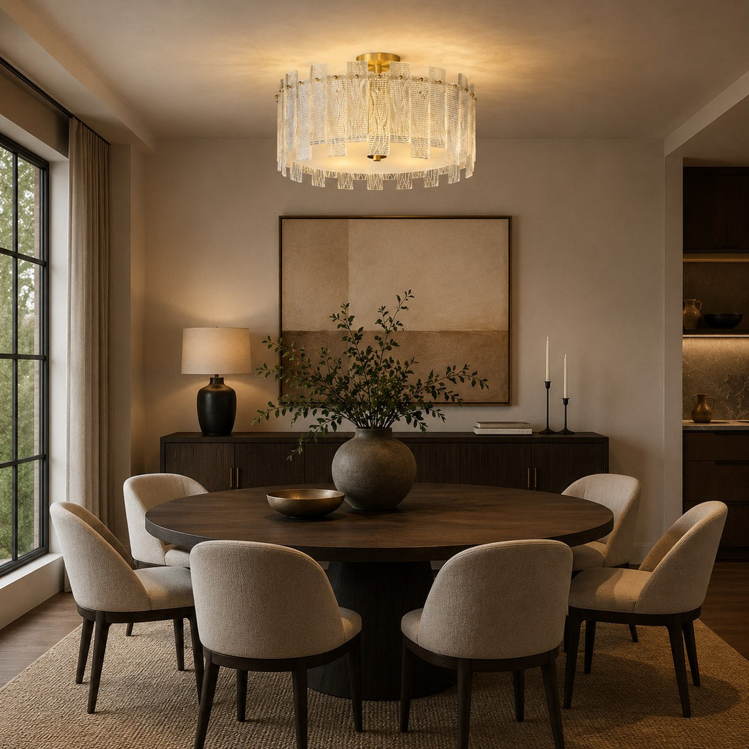 Modern Ceiling Light Flush Mount Textured Glass Copper Frame Warm Ambient Illumination