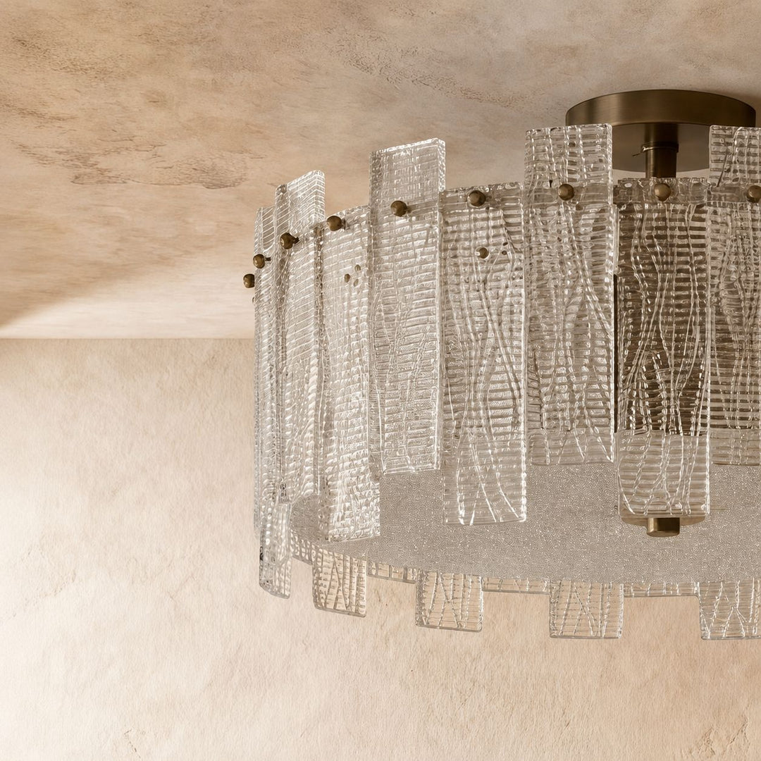 Modern Ceiling Light Flush Mount Textured Glass Copper Frame Warm Ambient Illumination