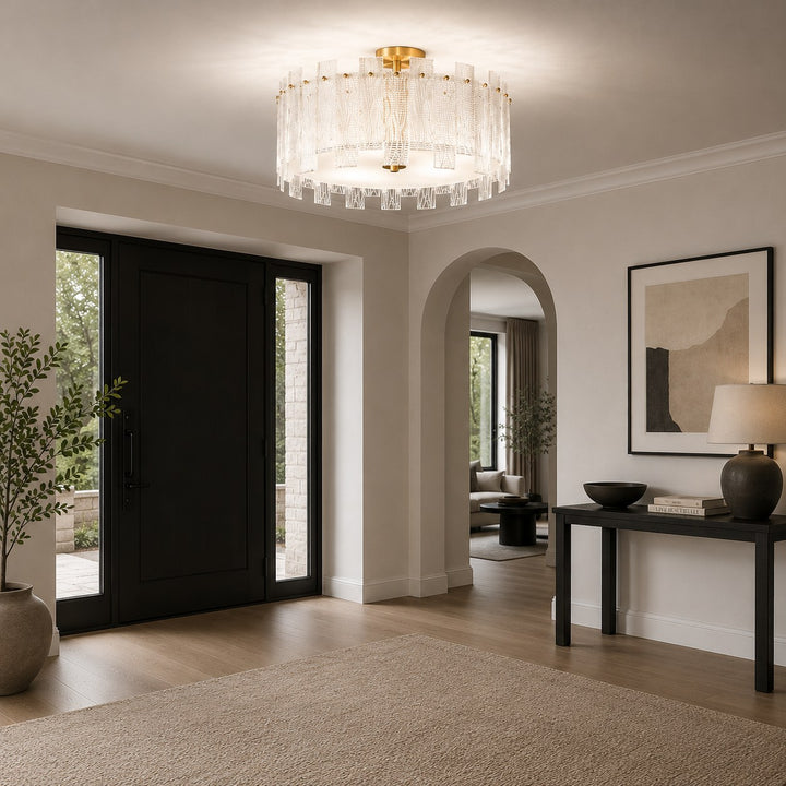 Modern Ceiling Light Flush Mount Textured Glass Copper Frame Warm Ambient Illumination